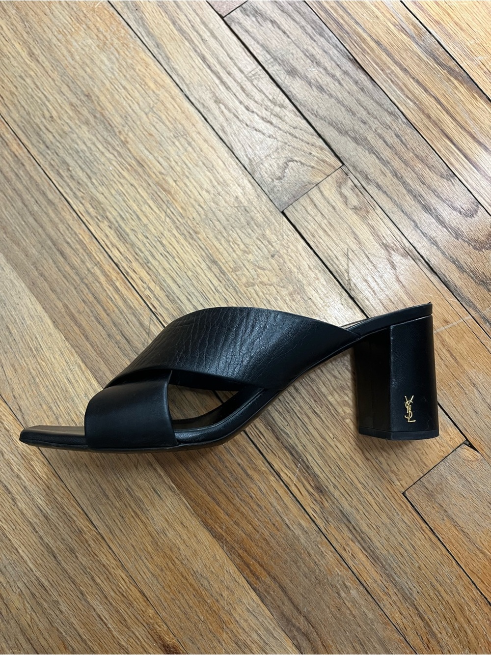 Saint Laurent Black Leather Crisscross Block LouLou Mules